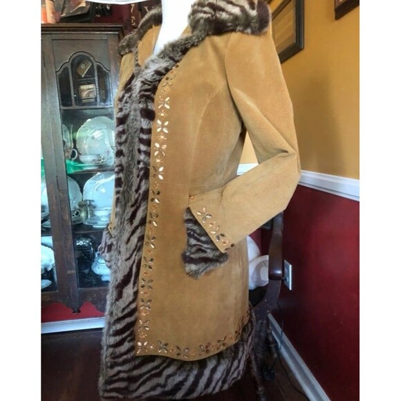 VTG 70s Suede Shearling Faux Fur Coat Jeweled Trim Zebra Penny Lane Afghan 12 L - Picture 2 of 11